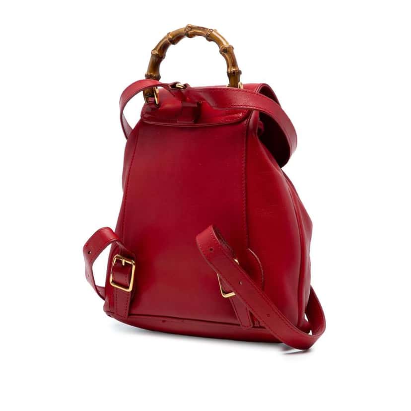 Gucci Leather Bamboo Drawstring Backpack Red Leather Good condition - Back View