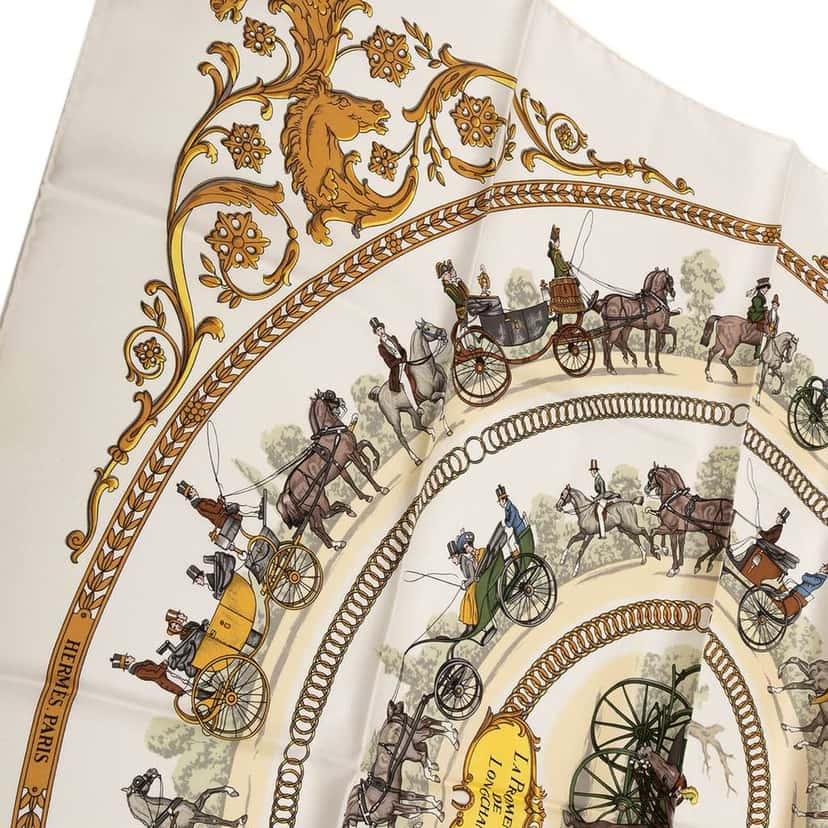 Hermès La Promenade De Longchamps Silk Scarf White Silk Good condition - Box View