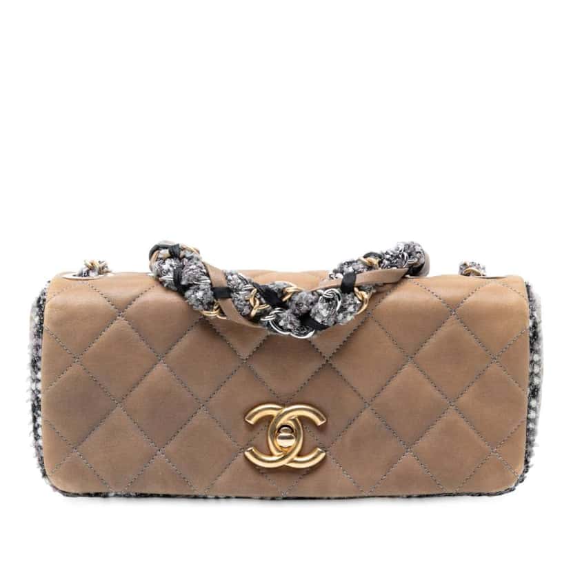 Chanel Small Quilted Lambskin and Tweed Chain Flap Brown Leather Good condition - Front View