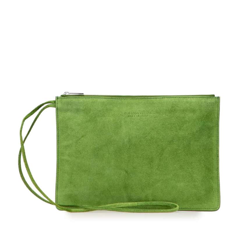 Bottega Veneta Suede Clutch Green Leather Very good condition - Front View