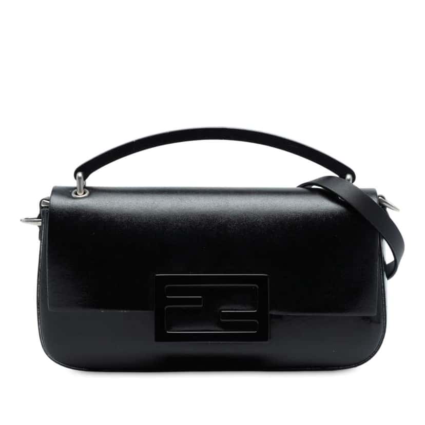 Fendi Calfskin and Patent Baguette Phone Pouch Satchel Black Leather Good condition - Front View