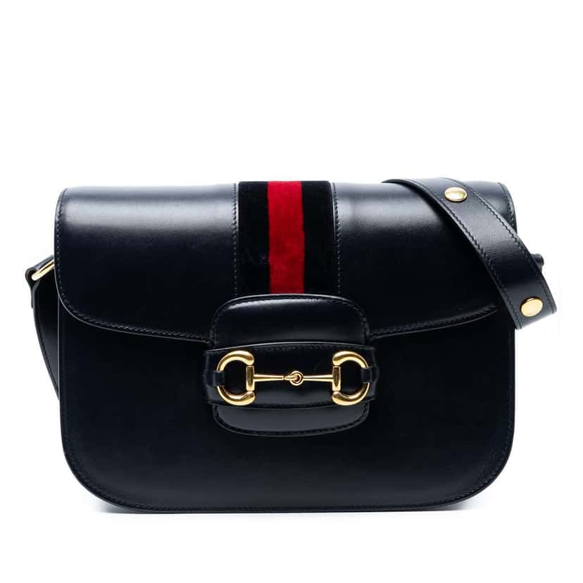 Gucci Medium Leather Web 1955 Horsebit Shoulder Bag Black Leather Good condition - Front View