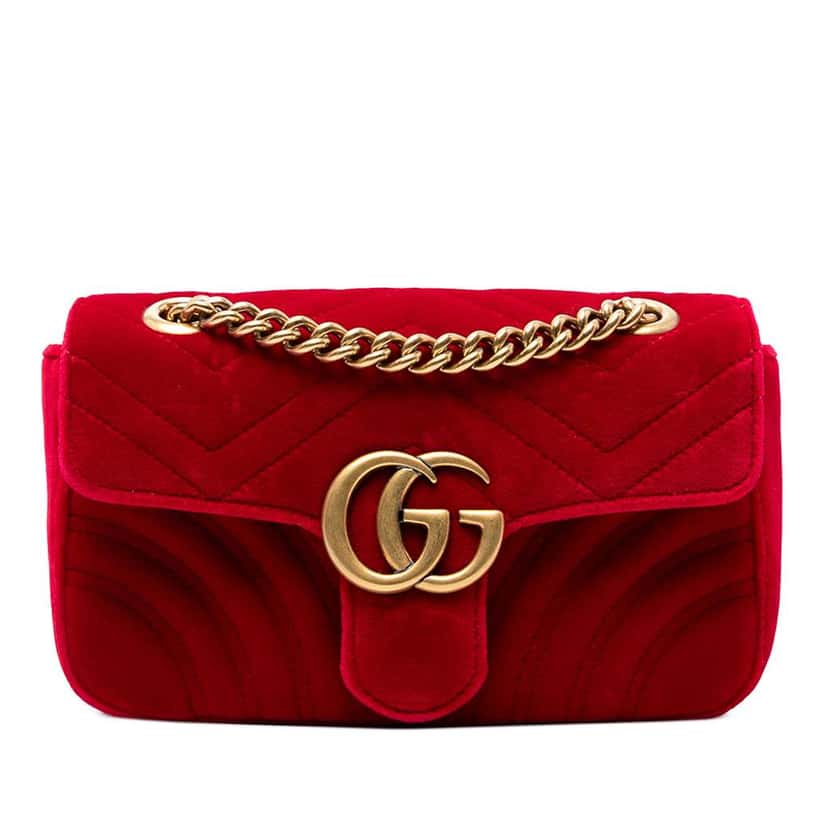 Gucci Small GG Marmont Matelasse Velvet Shoulder Bag Red Velvet Good condition - Front View