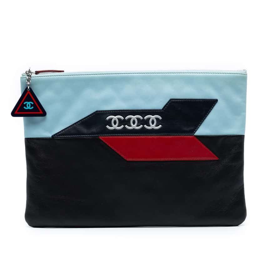 Chanel Large Lambskin Airlines O Case Clutch Black Leather Good condition - Front View