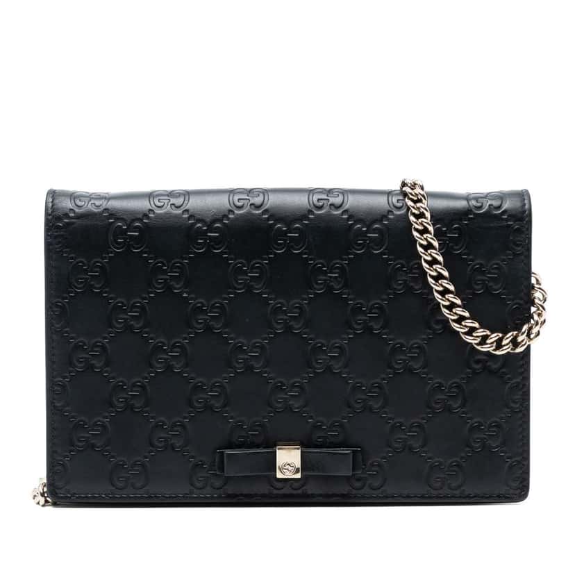 Gucci Mini Guccissima Bow Signature Wallet On Chain Black Leather Very good condition - Front View