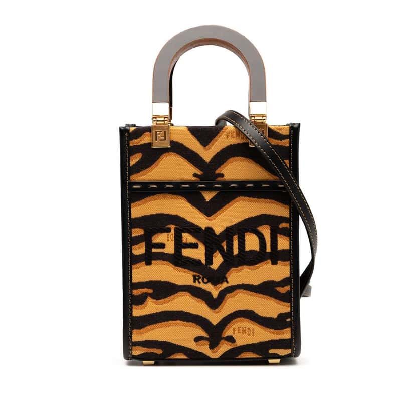 Fendi Mini Embroidered Canvas Tiger Print Sunshine Shopper Tote Brown Canvas Very good condition - Front View