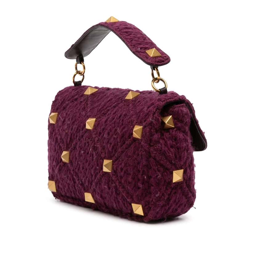 Valentino Large Knit Roman Stud Satchel Purple Wool Very good condition - Back View