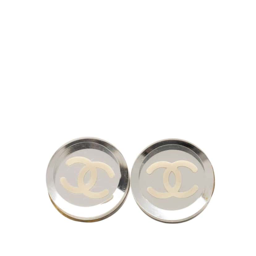 Chanel Resin CC Round Push Back Earrings Silver Good condition - Front View