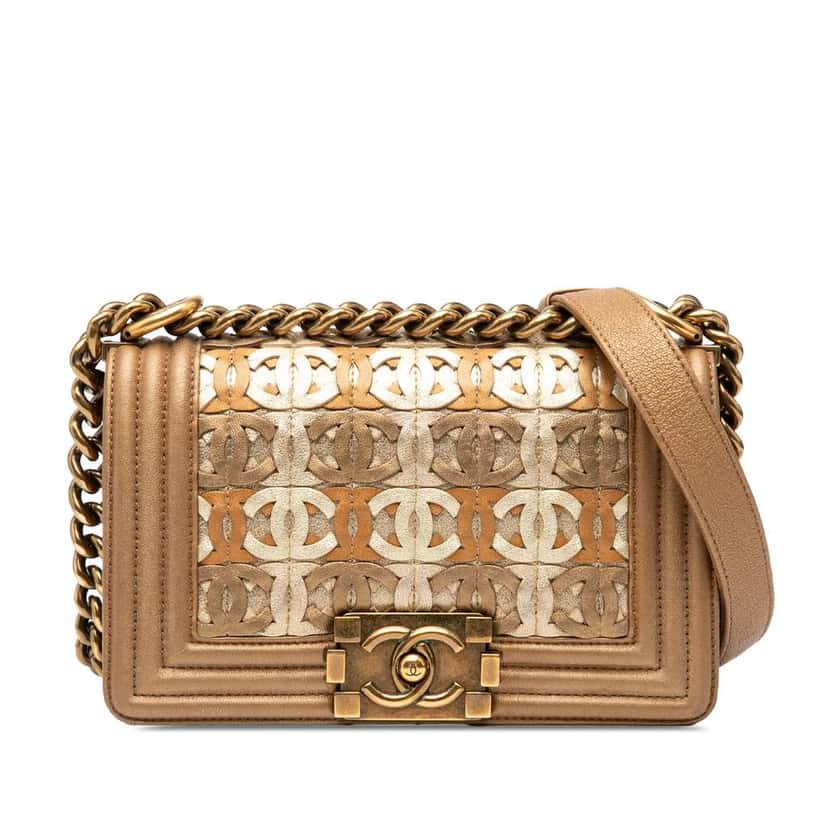 Chanel Small Quilted Metallic Lambskin Interwoven CC Boy Flap Brown Leather Good condition - Front View