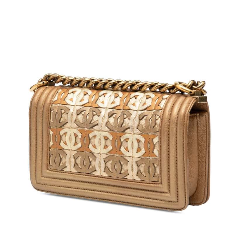 Chanel Small Quilted Metallic Lambskin Interwoven CC Boy Flap Brown Leather Good condition - Back View