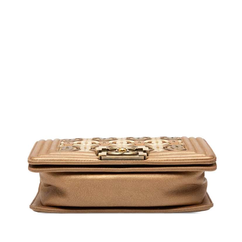 Chanel Small Quilted Metallic Lambskin Interwoven CC Boy Flap Brown Leather Good condition - Inside View