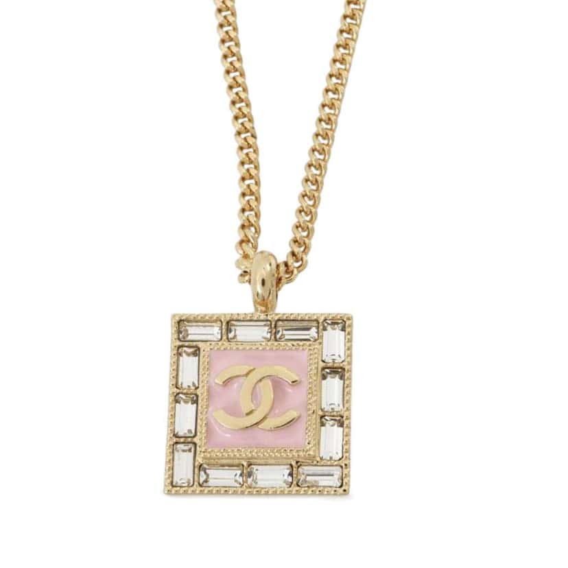 Chanel Gold Plated Rhinestone CC Square Pendant Necklace Gold Metal Good condition - Front View
