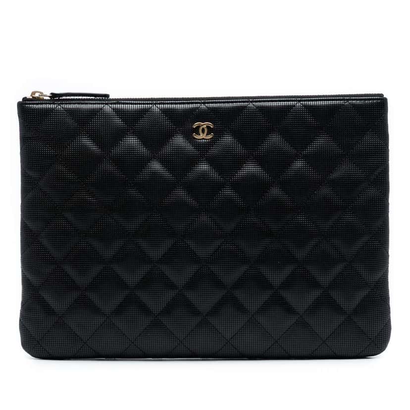 Chanel Medium Quilted Calfskin Pixel Effect O Case Clutch Black Leather Good condition - Front View