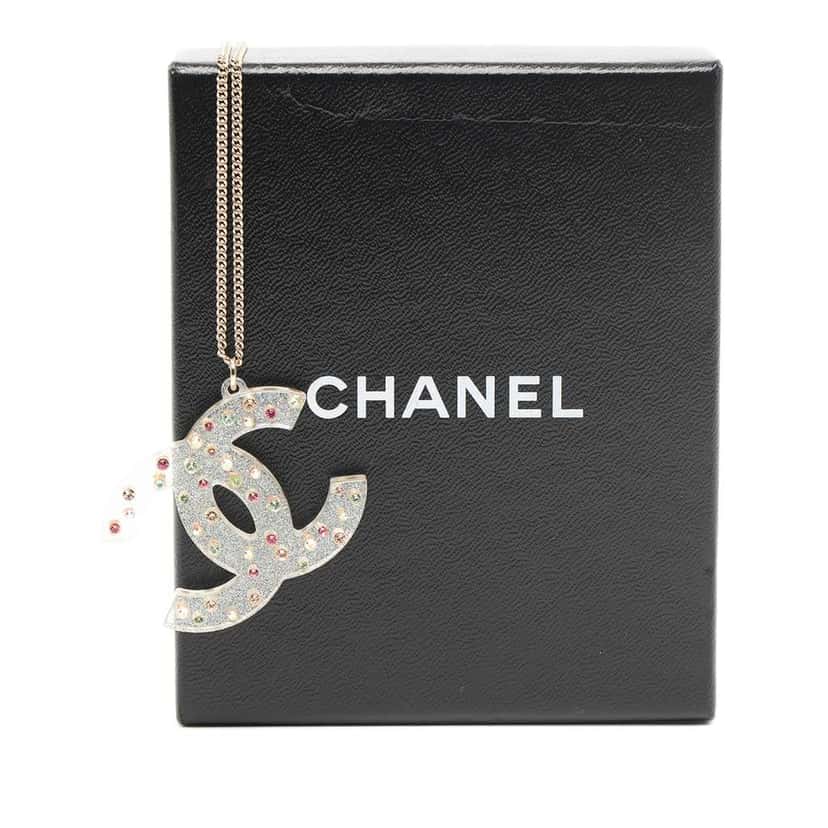 Chanel Gold Plated Resin CC Rhinestone Embellished Pendant Necklace Gold Metal Good condition - Box View