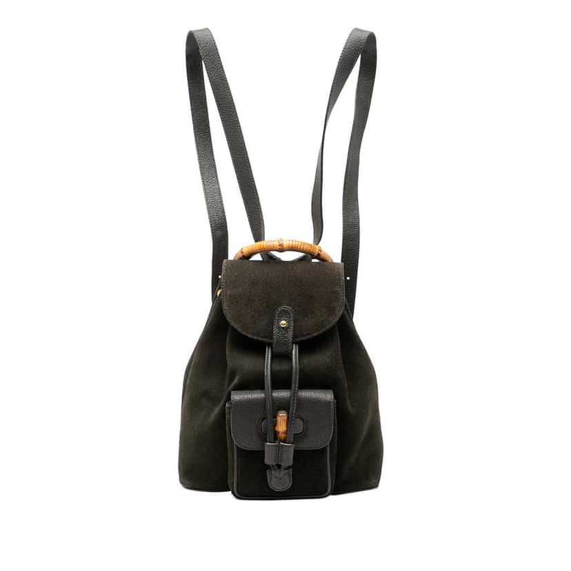 Gucci Suede Bamboo Drawstring Backpack Black Leather Good condition - Front View