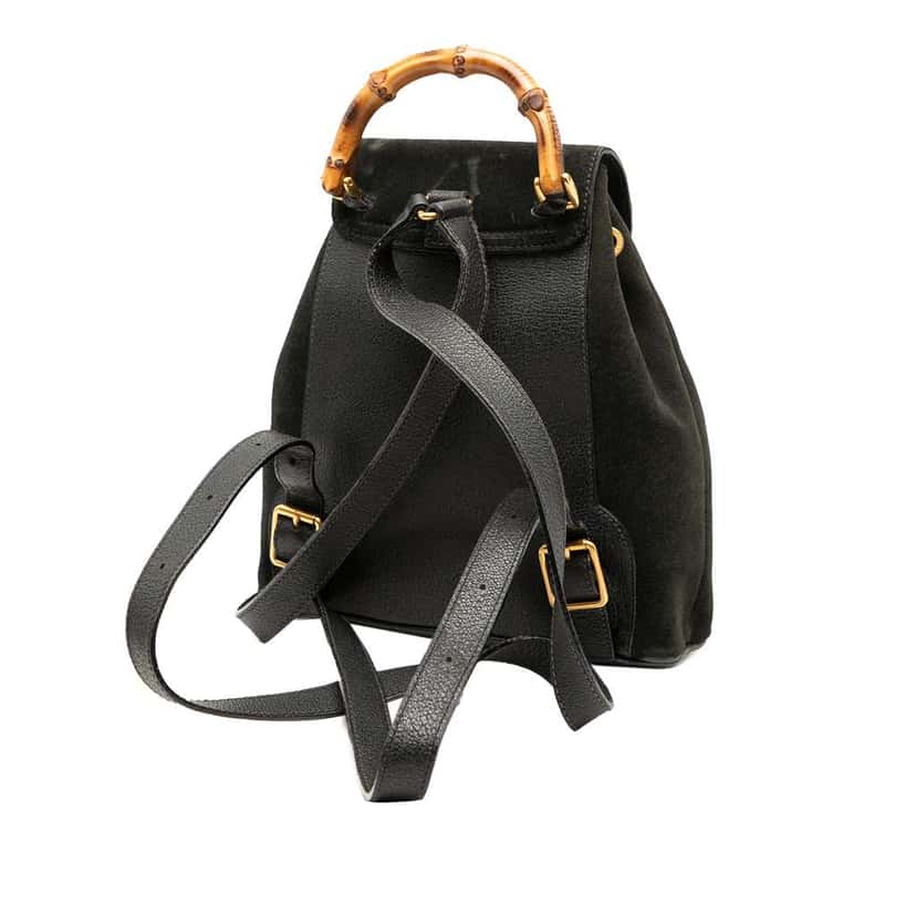 Gucci Suede Bamboo Drawstring Backpack Black Leather Good condition - Back View