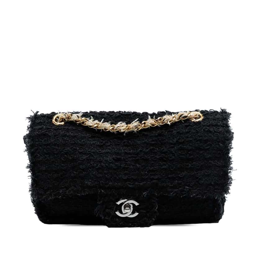 Chanel Medium Classic Tweed Single Flap Black Tweed Good condition - Front View