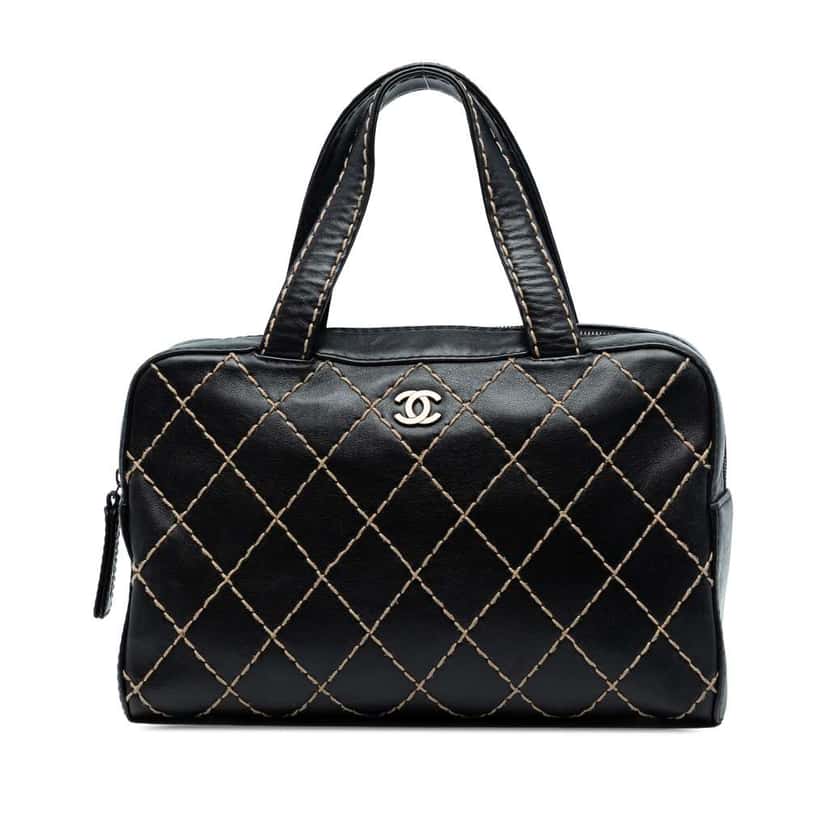 Chanel CC Lambskin Wild Stitch Handbag Black Leather Good condition - Front View