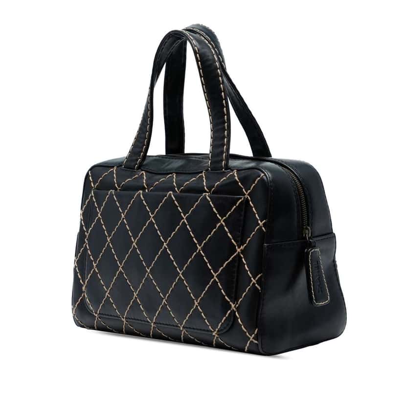 Chanel CC Lambskin Wild Stitch Handbag Black Leather Good condition - Back View
