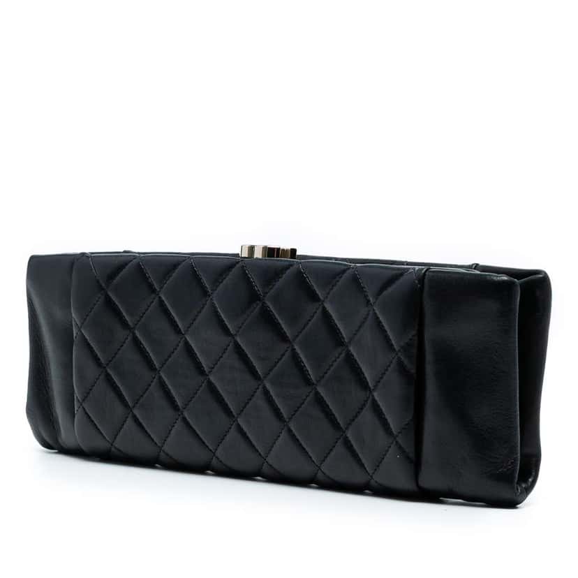 Chanel CC Quilted Lambskin Pleated Frame Clutch Black Leather Good condition - Back View