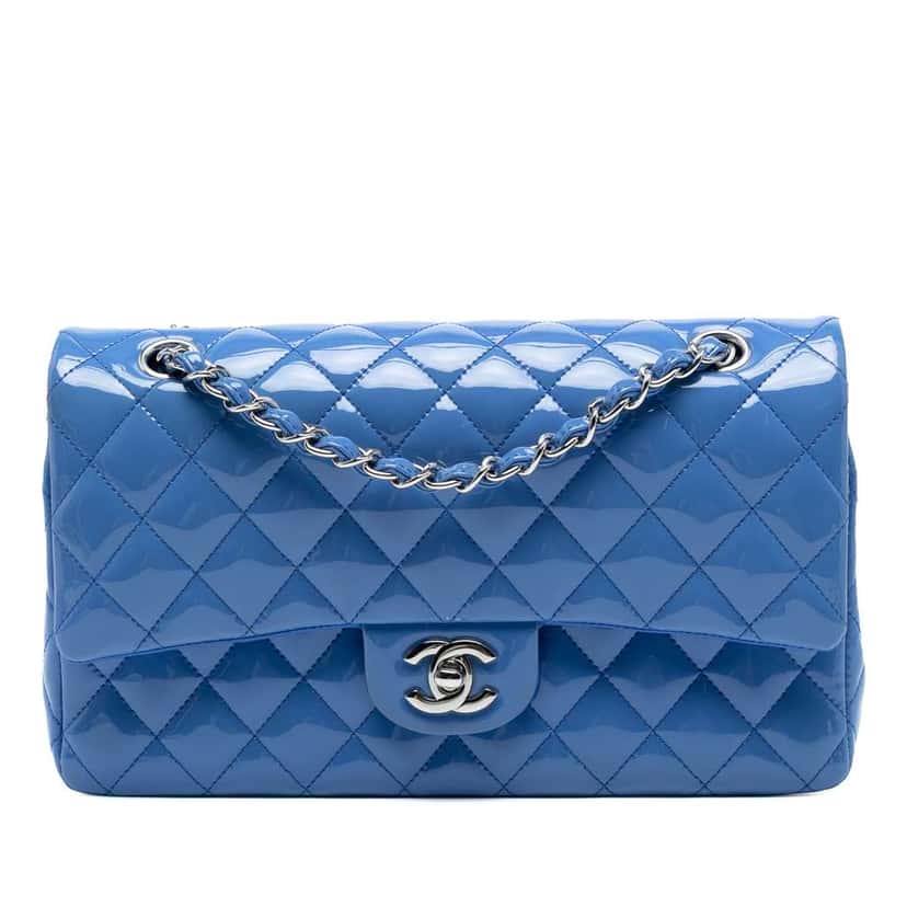 Chanel Medium Classic Patent Double Flap Blue Leather Good condition - Front View