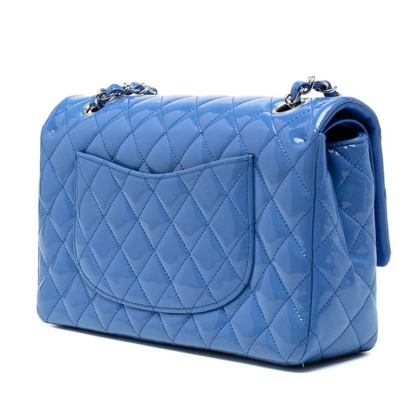 Chanel Medium Classic Patent Double Flap Blue Leather Good condition - Back View