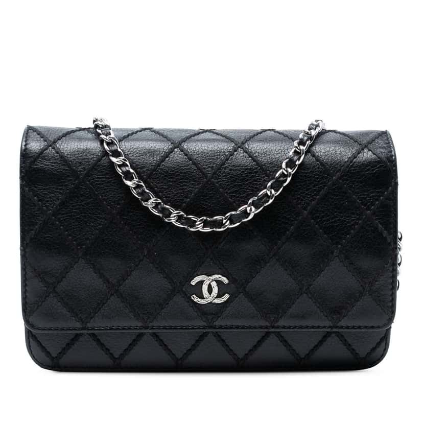 Chanel CC Lambskin Wild Stitch Wallet on Chain Black Leather Good condition - Front View