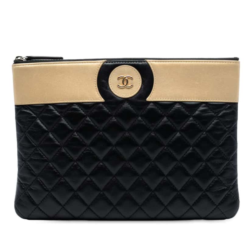 Chanel CC Bicolor Quilted Lambskin Clutch Black Leather Good condition - Front View