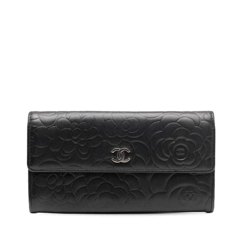 Chanel CC Embossed Calfskin Camellia Flap Wallet Black Leather Good condition - Front View