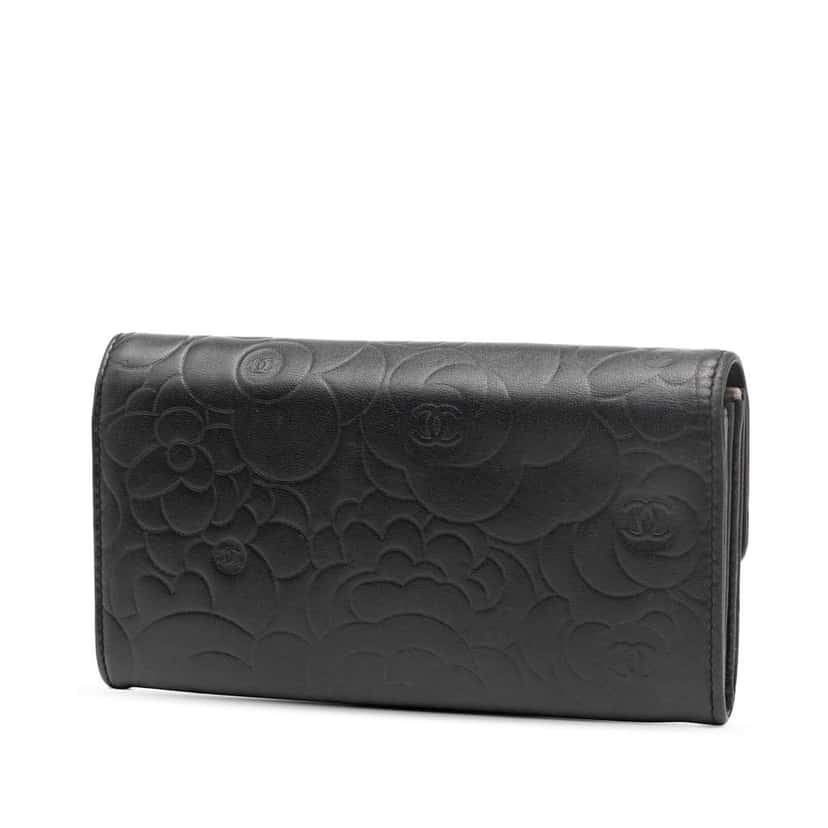 Chanel CC Embossed Calfskin Camellia Flap Wallet Black Leather Good condition - Back View