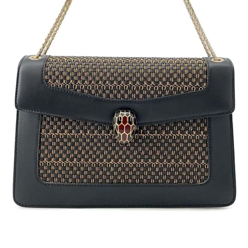 Bvlgari Medium Woven Calfskin Serpenti Forever Shoulder Bag Black Leather Good condition - Front View