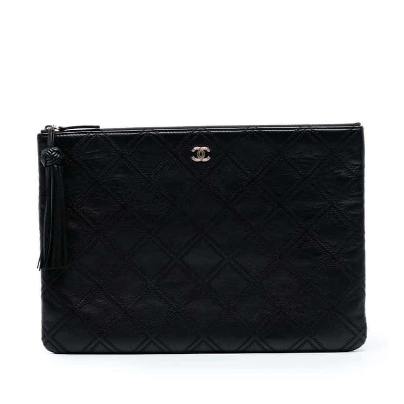 Chanel Large Quilted Lambskin Double Stitch Tassel O Case Clutch Black Leather Good condition - Front View
