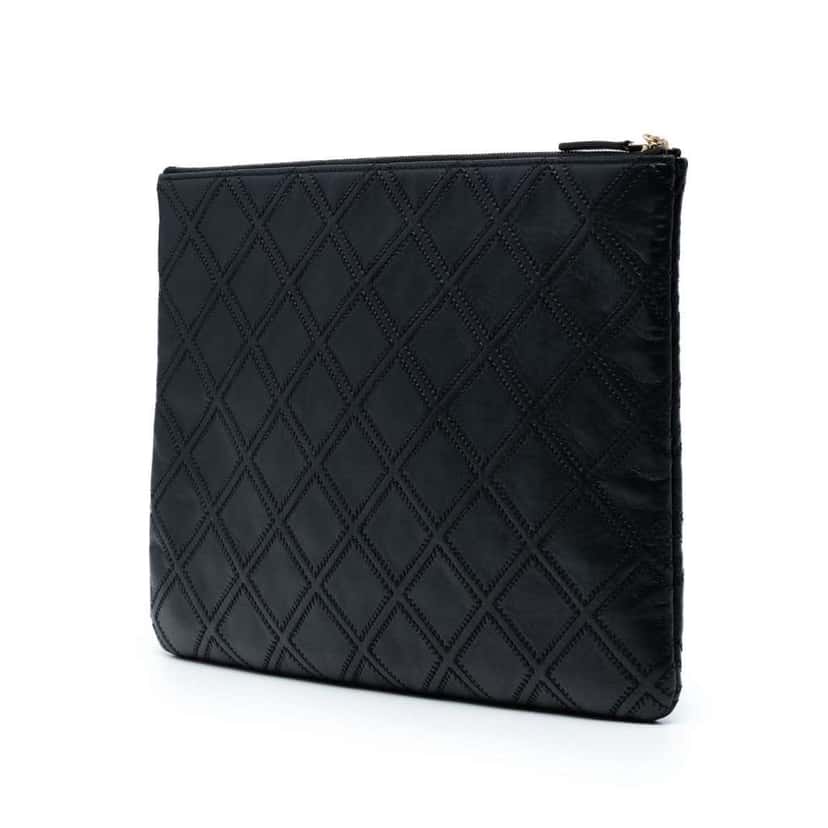 Chanel Large Quilted Lambskin Double Stitch Tassel O Case Clutch Black Leather Good condition - Back View