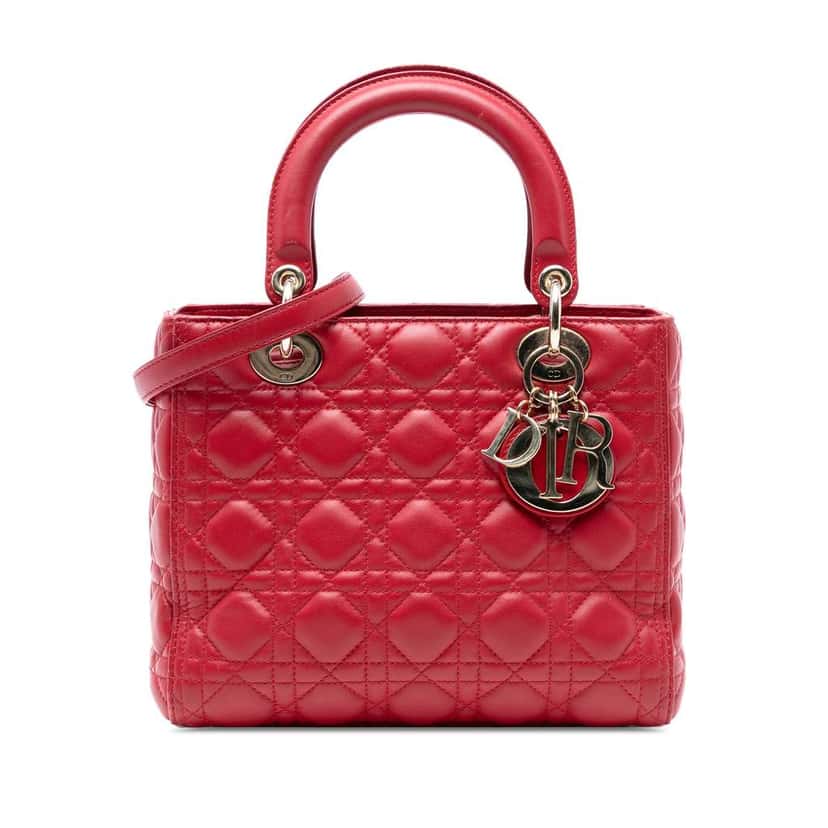 Dior Medium Lambskin Cannage Lady Dior Red Leather Good condition - Front View