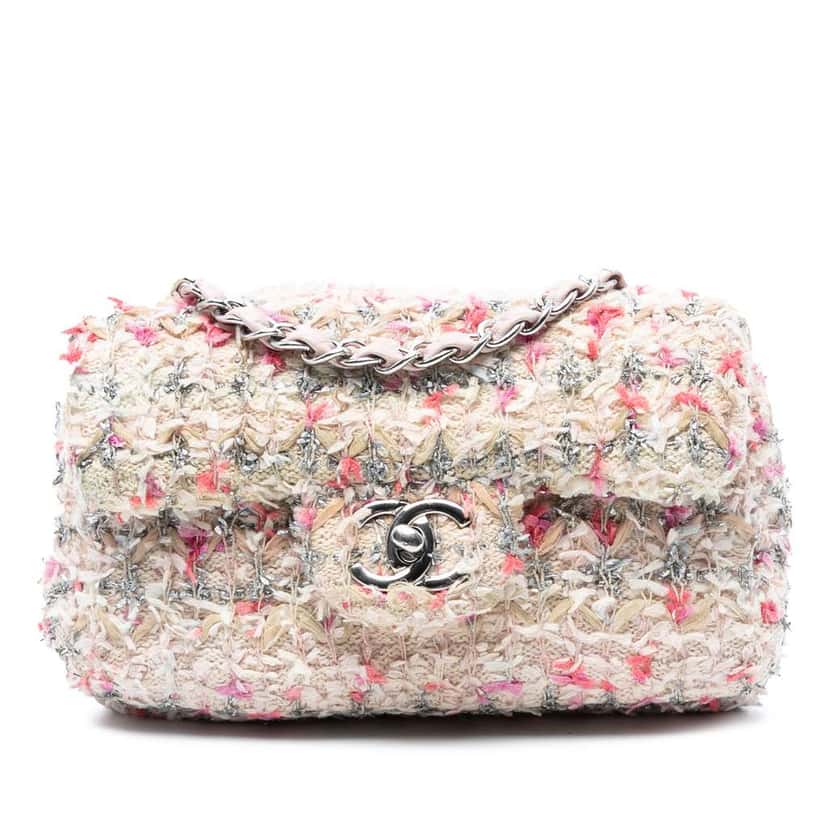 Chanel Mini Rectangular Classic Tweed Single Flap Pink Tweed Good condition - Front View