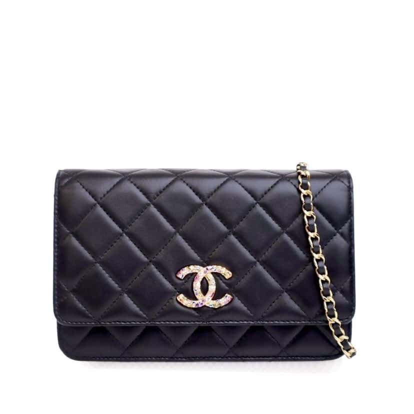 Chanel Quilted Lambskin Crystal CC Wallet On Chain Black Leather Good condition - Front View