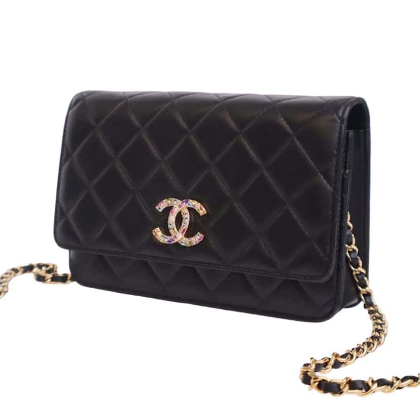 Chanel Quilted Lambskin Crystal CC Wallet On Chain Black Leather Good condition - Back View