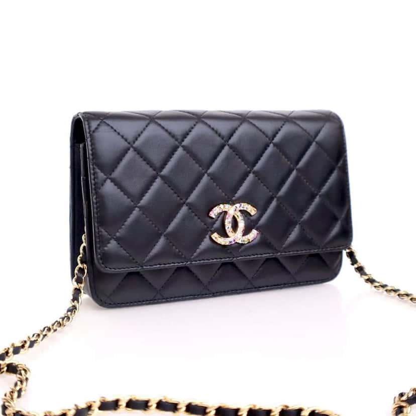 Chanel Quilted Lambskin Crystal CC Wallet On Chain Black Leather Good condition - Inside View