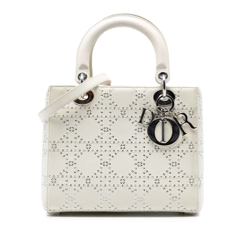 Dior Medium Perforated Calfskin Cannage Lady Dior White Leather Good condition - Front View