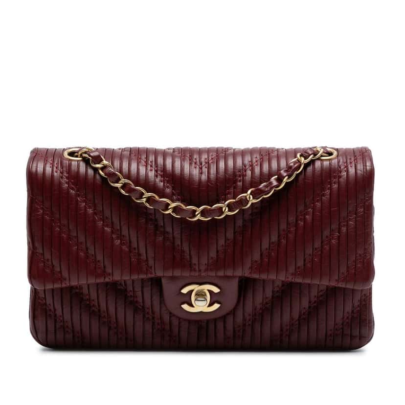 Chanel Medium Classic Chevron Calfskin Pleated Double Flap Red Leather Good condition - Front View