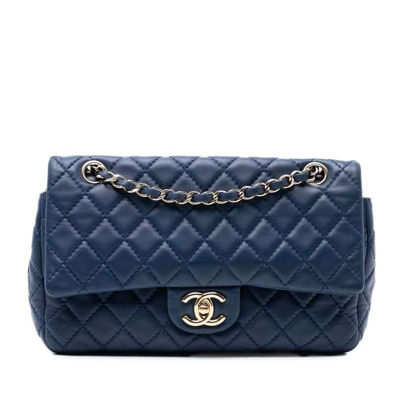 Chanel Medium Classic Lambskin Double Flap Blue Leather Good condition - Front View