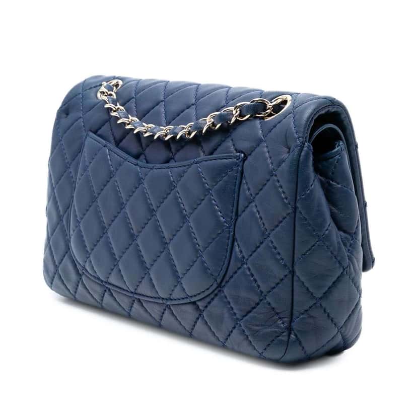 Chanel Medium Classic Lambskin Double Flap Blue Leather Good condition - Back View