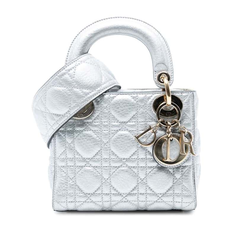 Dior Mini Metallic Grained Calfskin Cannage Lady Dior Silver Leather Good condition - Front View