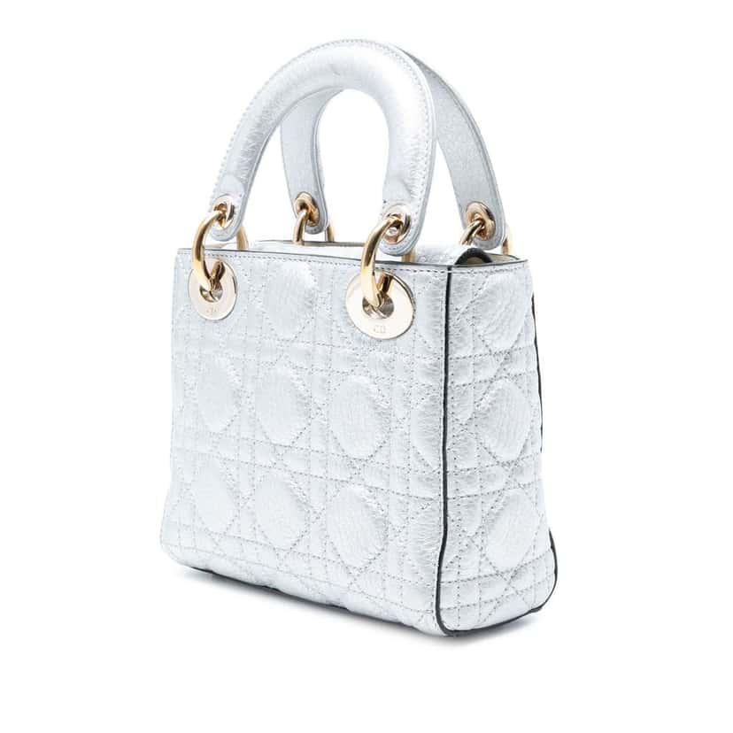Dior Mini Metallic Grained Calfskin Cannage Lady Dior Silver Leather Good condition - Back View