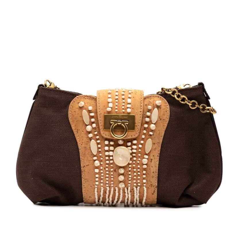Salvatore Ferragamo Studded Canvas Gancini Clutch on Chain Brown Canvas Good condition - Front View