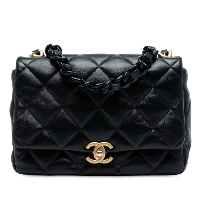 Chanel Mini Quilted Lambskin Lacquered Chain Flap Black Leather Good condition - Front View