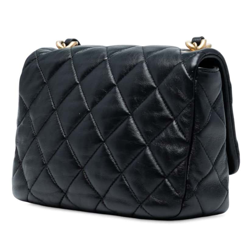 Chanel Mini Quilted Lambskin Lacquered Chain Flap Black Leather Good condition - Back View