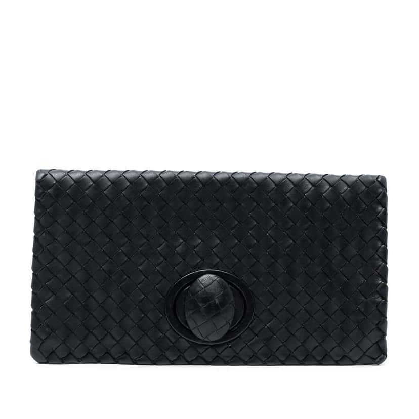 Bottega Veneta Nappa Intrecciato Turn Lock Clutch Black Leather Good condition - Front View