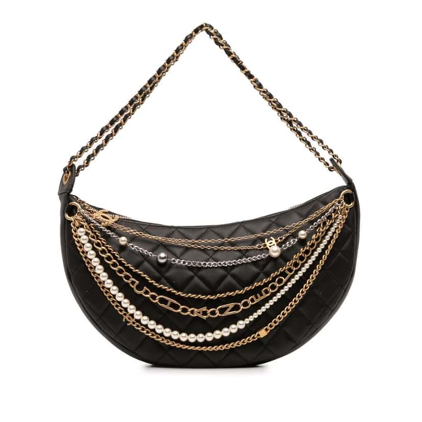 Chanel Quilted Lambskin All About Chains Hobo Black Leather Very good condition - Front View