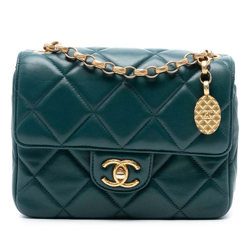 Chanel Mini Square Quilted Lambskin Bijoux Logo Chain Flap Green Leather Good condition - Front View